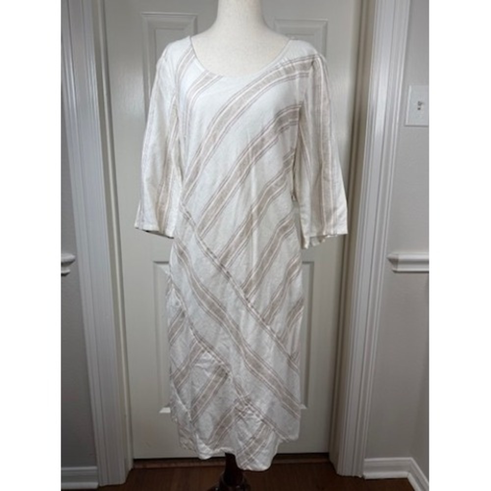 Soft Surroundings Linen Blend Striped Shift Dress XS Neutral Beige